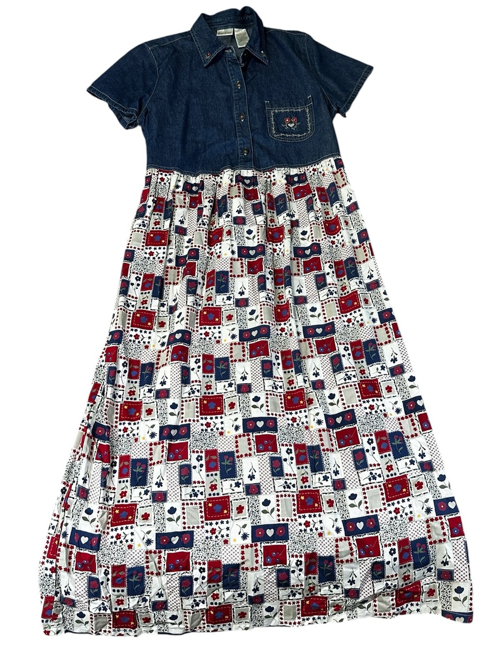 VTG 90s Bobbie Brooks Denim Patchwork Prairie Maxi Dress Large Cottagecore Folk